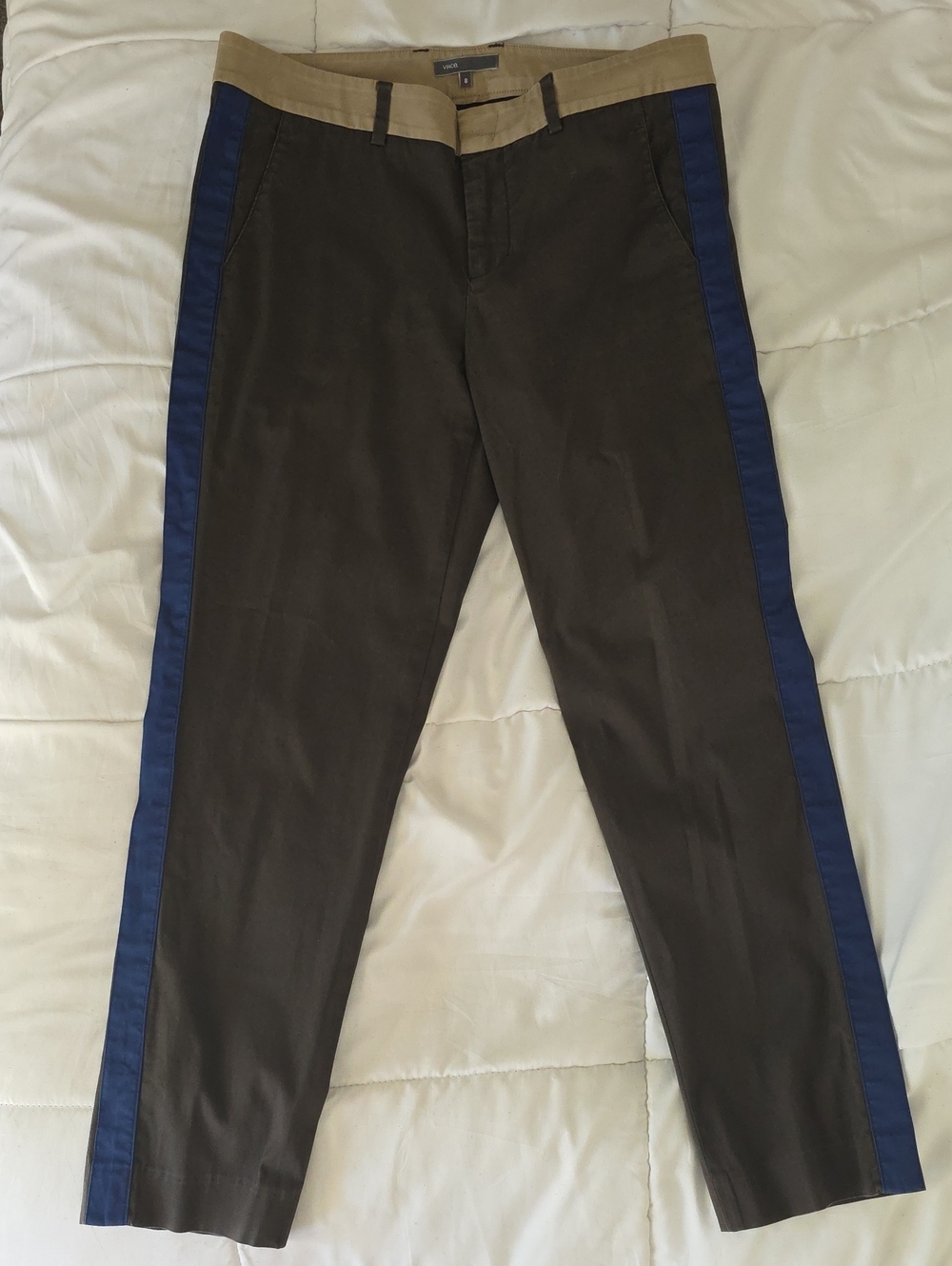 Vince Brown Cropped Tapered Pants with Blue Side Stripe and Tan Waistband